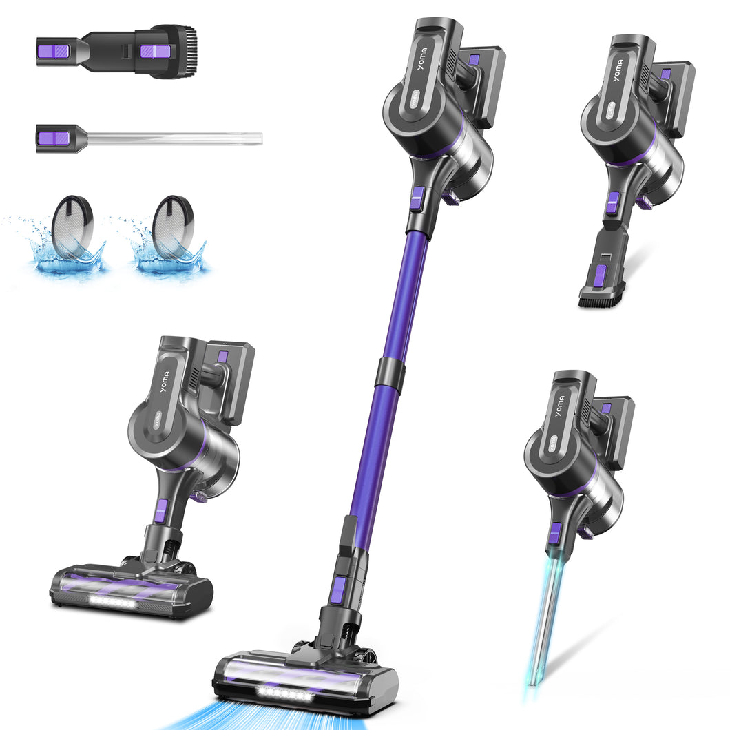 YOMA S100 Cordless Vacuum Cleaner, 350W Powerful Cordless Stick Vacuum, 7 Cell 2500mAh Battery Stick Vacuum Cordless Rechargeable, 6-in-1 Multifunction Lightweight Vacuum Cleaner for Home, Purple